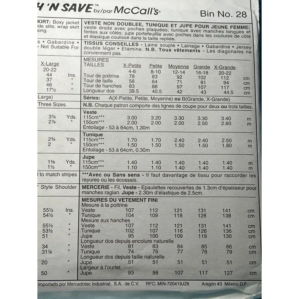 McCalls 8323 pattern suit pattern jacket tunic pencil skirt size 4 6 8 10 12 14